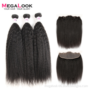Cuticle Aligned Raw Unprocessed Virgin Yaki Kinky Straight Brazilian Hair Bundles With Frontal